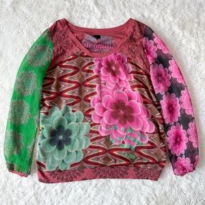 VTG Y2K Desigual Woman Multicolor Floral Sheer Long sleeve Top XL Boho Whimsical